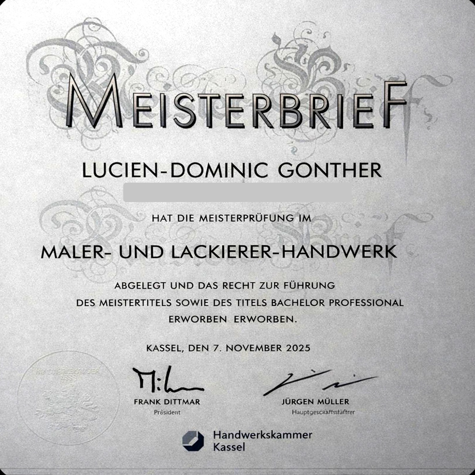 Meisterbrief im Maler- und Lackierer-Handwerk