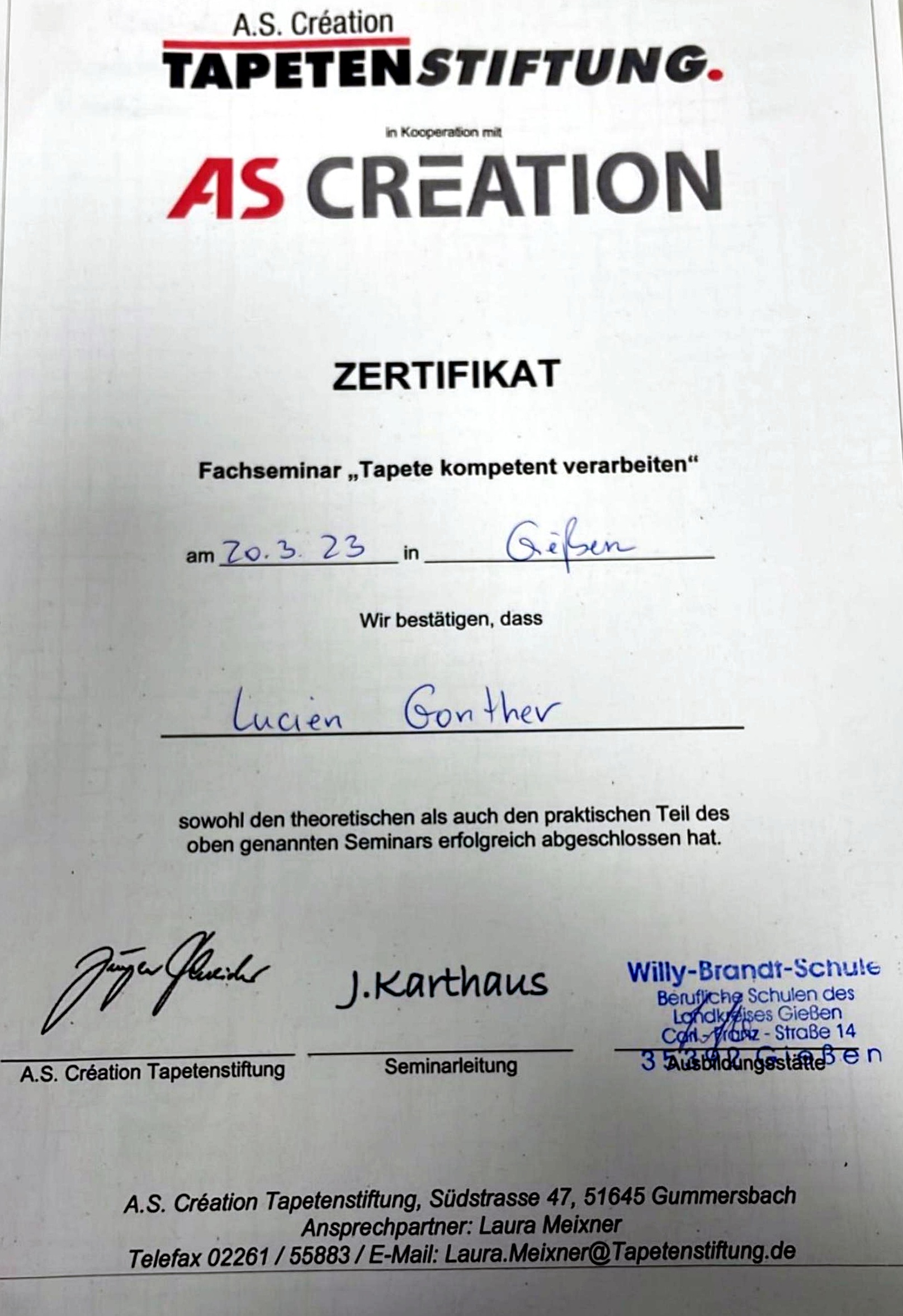 Zertifikat Fachseminar Tapete kompetent verarbeiten