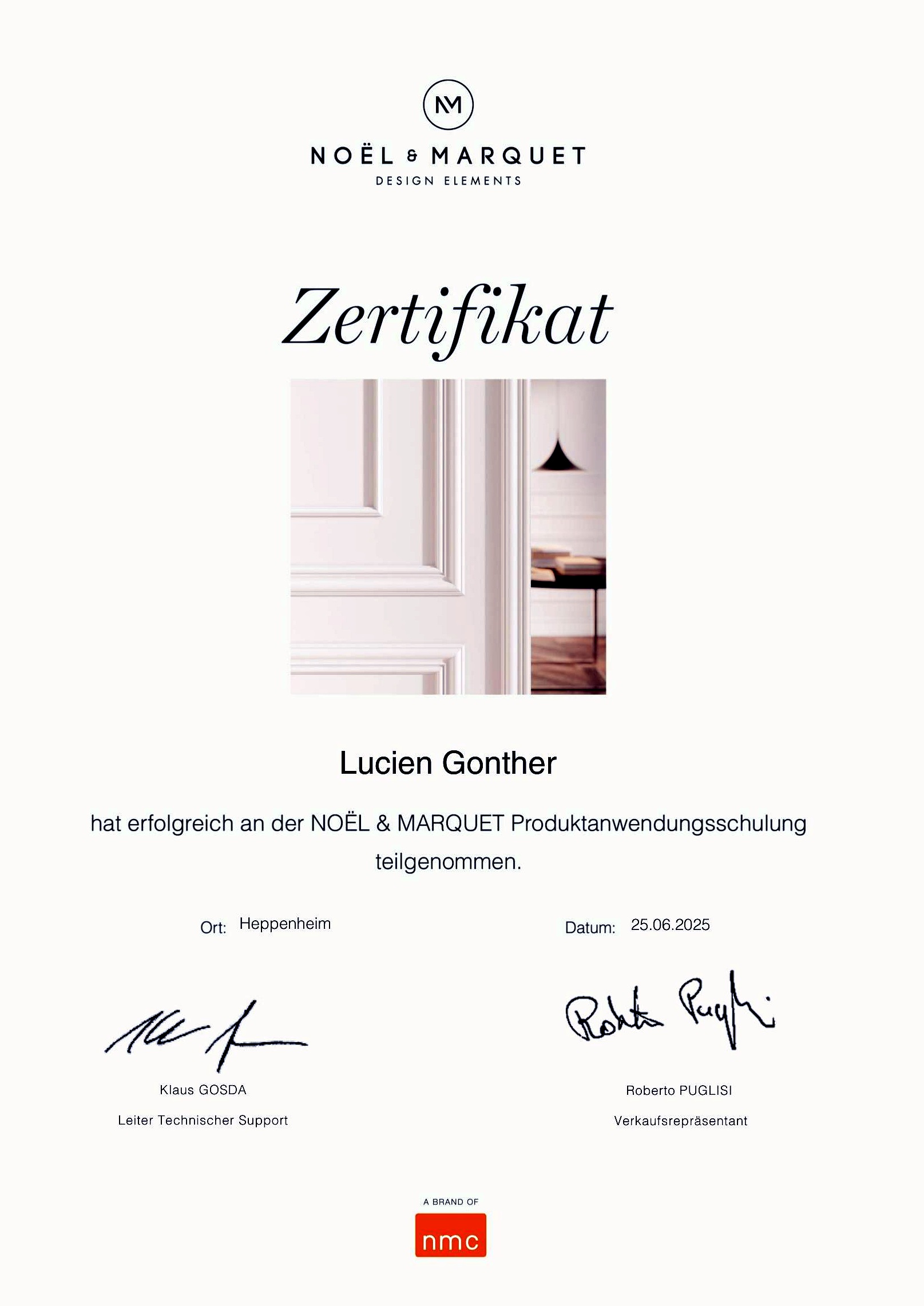 Zertifikat NOËL und MARQUET Produktanwendungsschulung